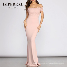 Lace Off The Shoulder Short Sleeve 2020 Women Pink Arab Mermaid Evening Dress